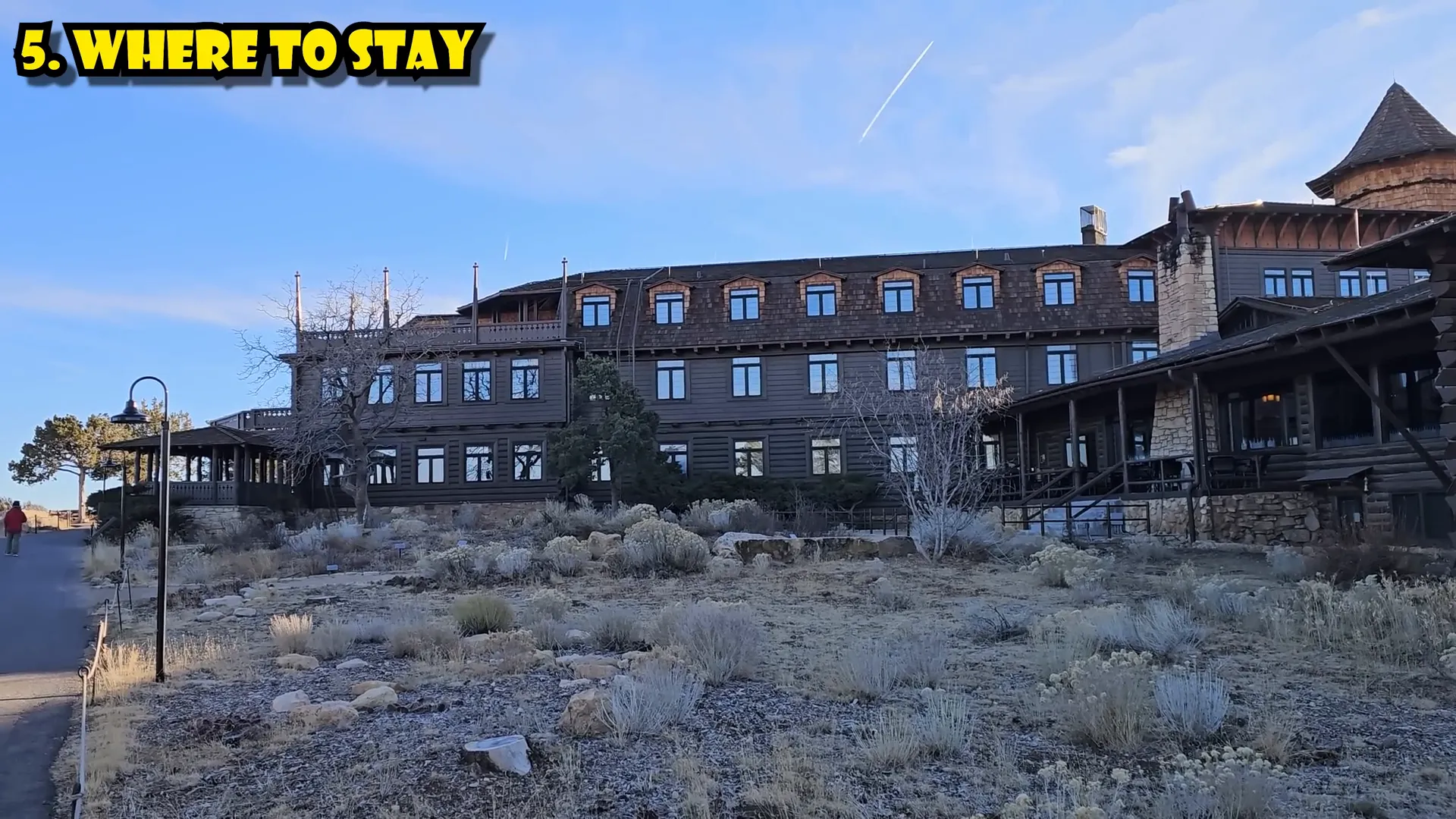 View of El Tovar Hotel overlooking the Grand Canyon at sunrise