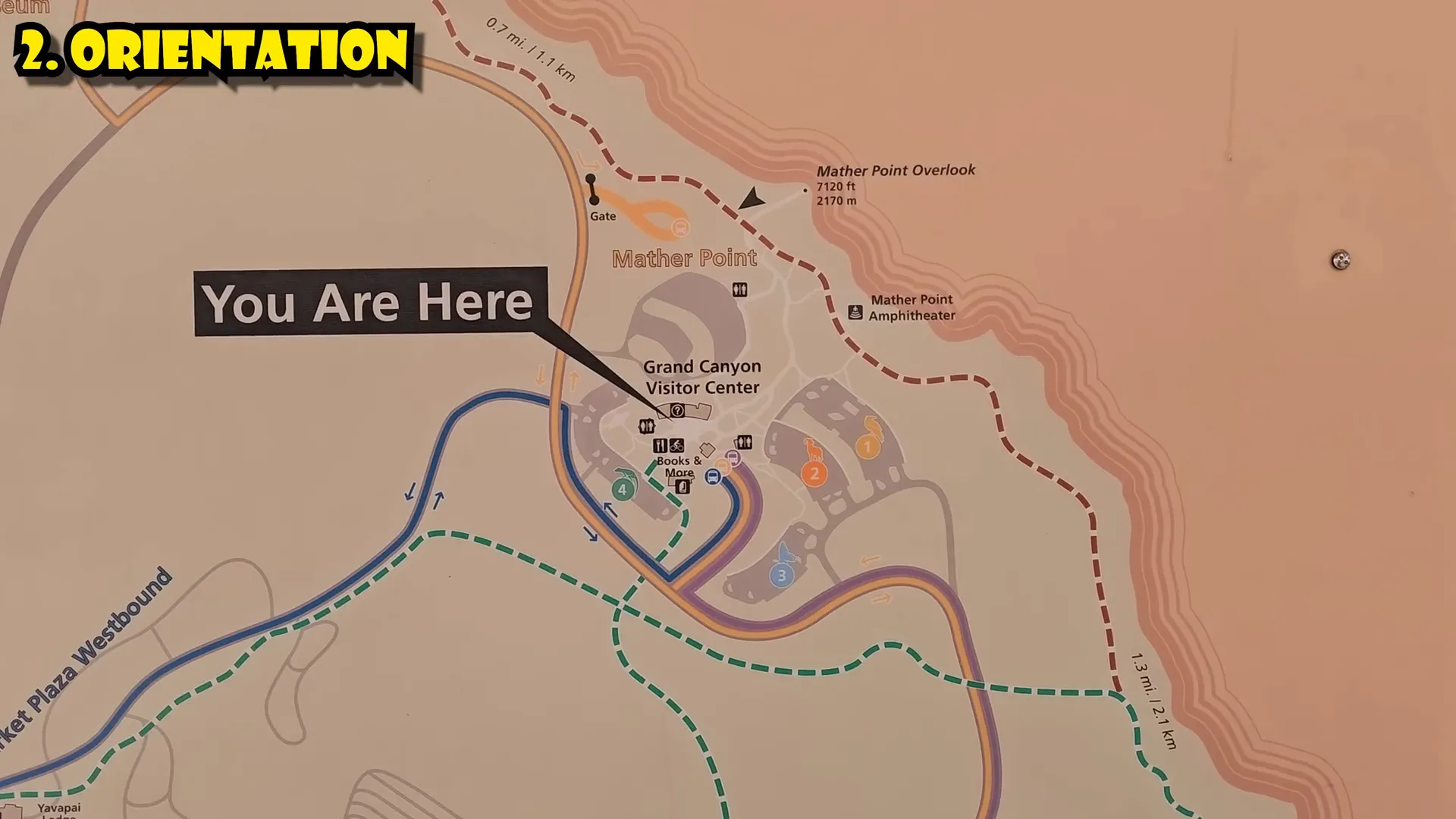 Large map at the Grand Canyon Visitor Center highlighting South Rim, North Rim, and key trails