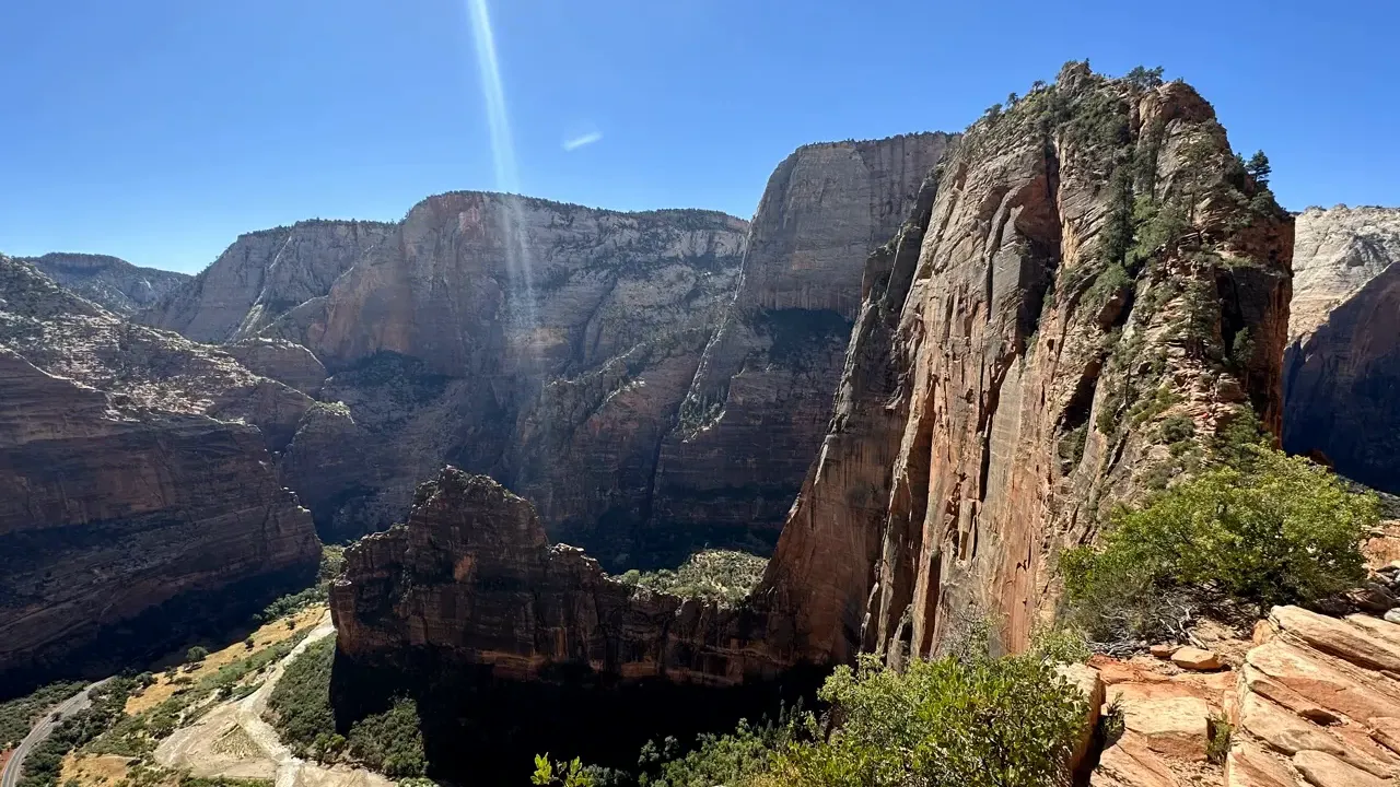 View from Angels Landing trail showing narrow ridges and steep drop-offs