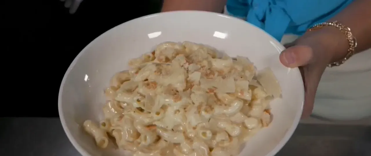 Plated mac and cheese with Parmesan and housemade croutons