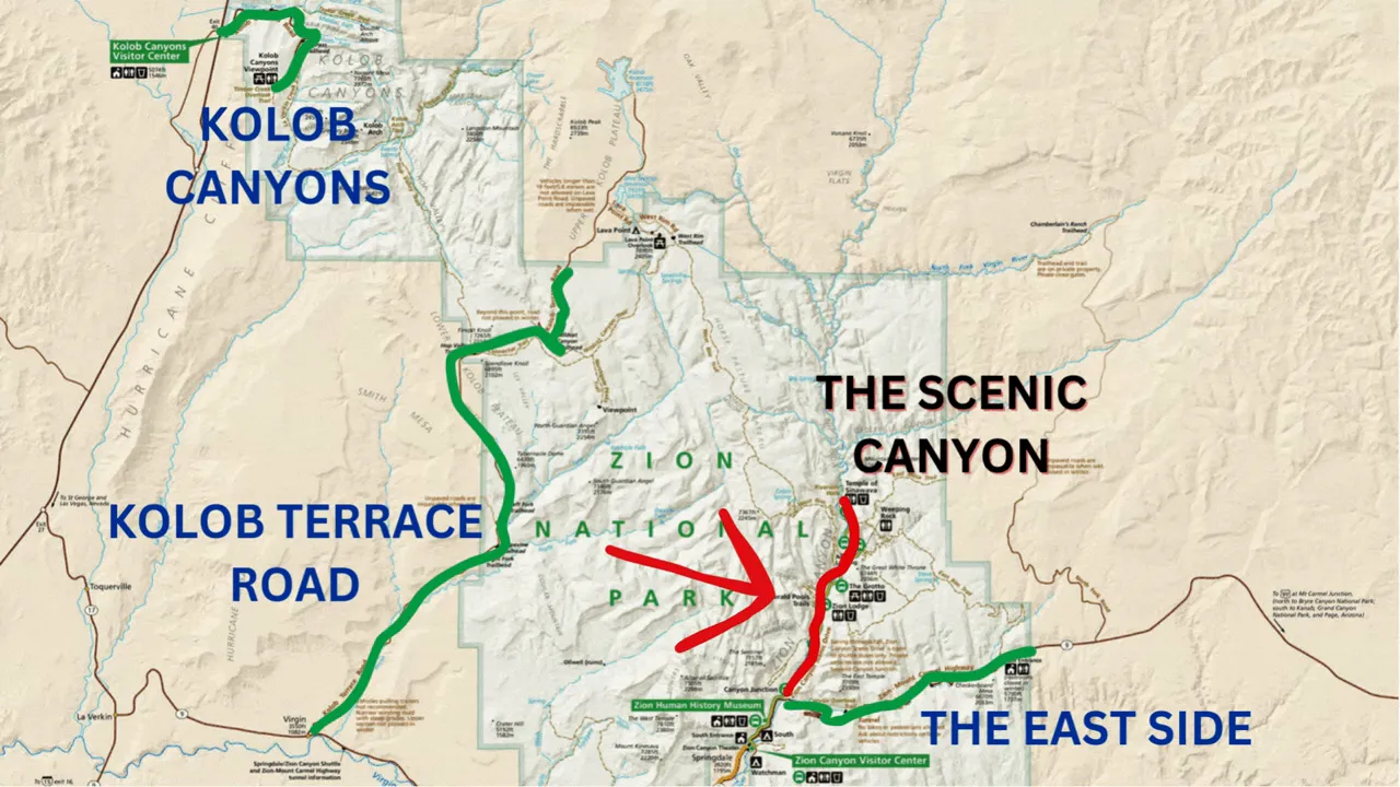 Zion National Park map highlighting the scenic canyon corridor with a red route and arrow pointing to the canyon