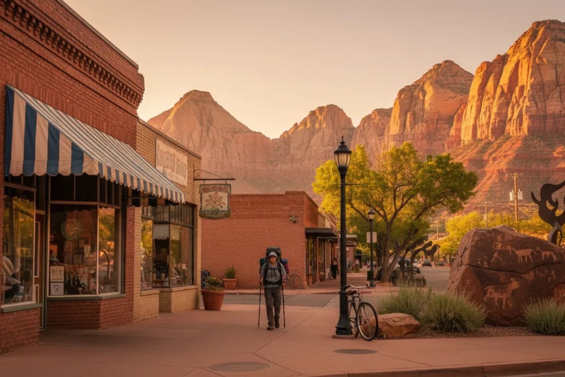 Golden-hour downtown St. George, Utah with historic brick storefronts beside a modern cafe, a petroglyph-carved boulder and red sandstone cliffs