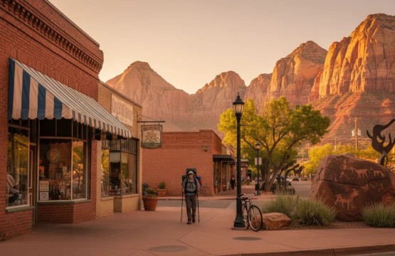 Golden-hour downtown St. George, Utah with historic brick storefronts beside a modern cafe, a petroglyph-carved boulder and red sandstone cliffs