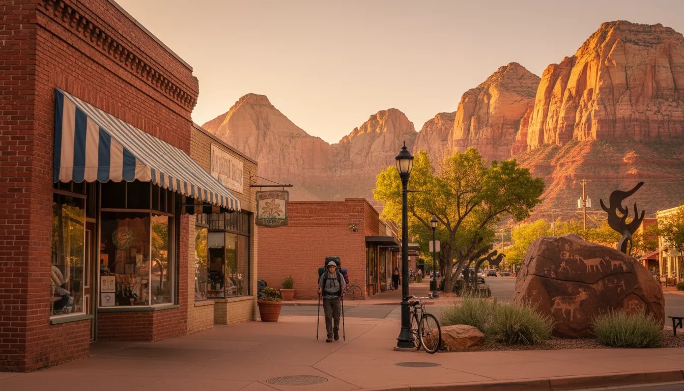 Golden-hour downtown St. George, Utah with historic brick storefronts beside a modern cafe, a petroglyph-carved boulder and red sandstone cliffs