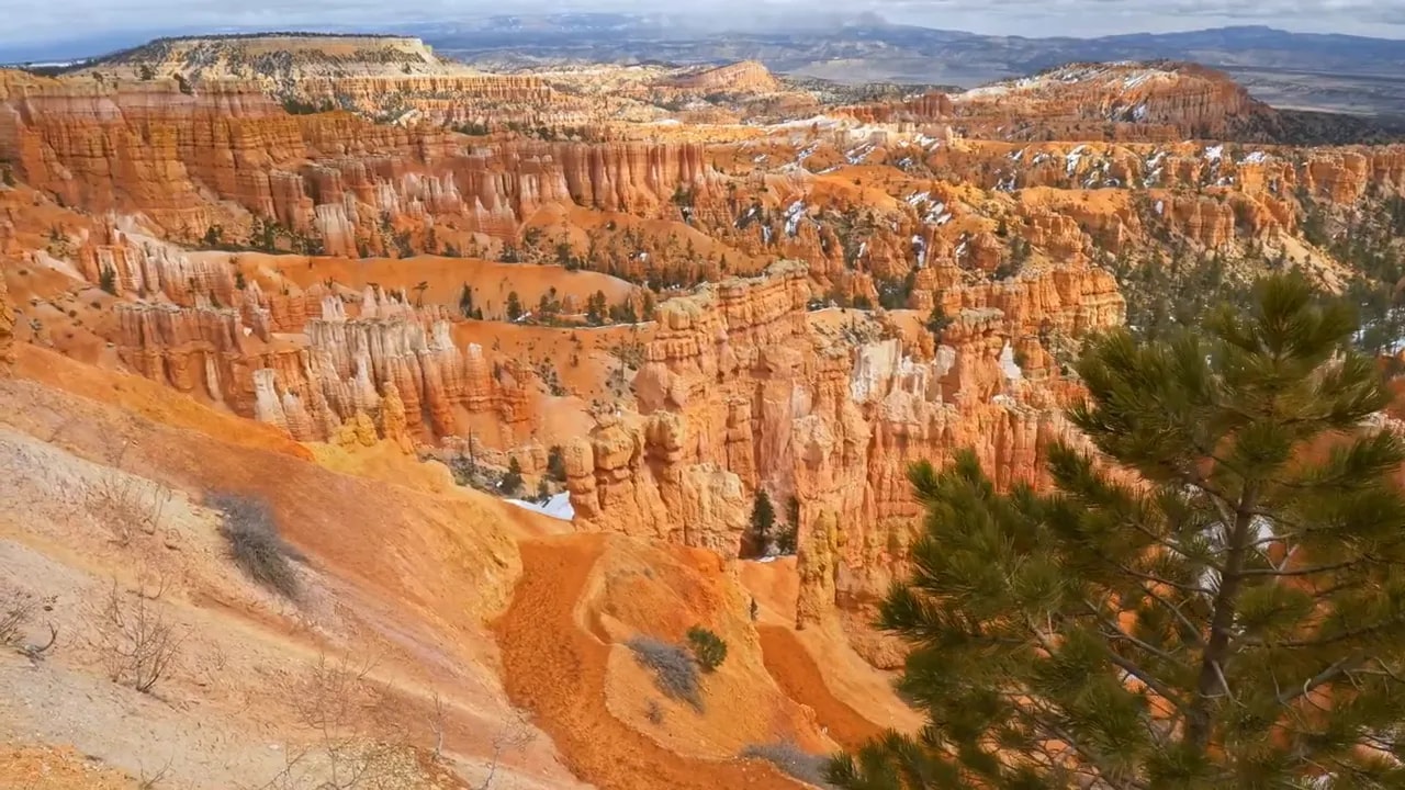 Cedar Breaks overlook view of red rock cliffs, canyon floor, and pine trees