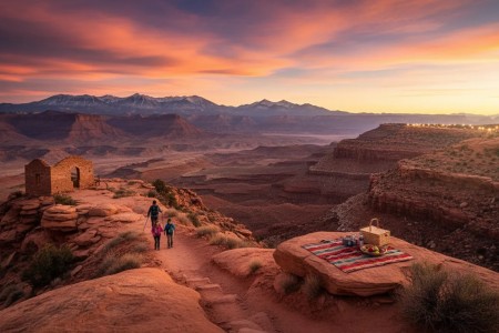 Golden-hour panoramic view of Cedar City, Utah red-rock canyons and high-altitude mountains with a scenic hiking trail and family picnic atmosphere