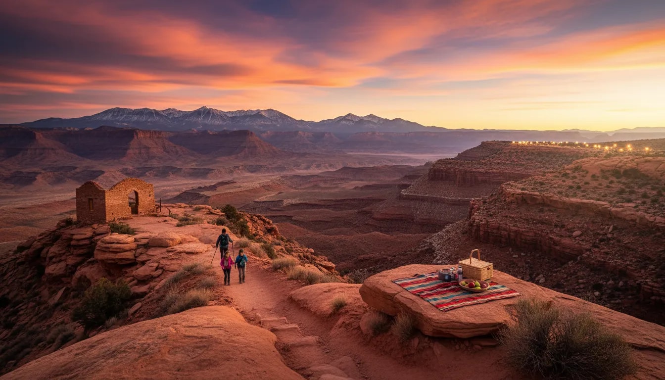 Golden-hour panoramic view of Cedar City, Utah red-rock canyons and high-altitude mountains with a scenic hiking trail and family picnic atmosphere