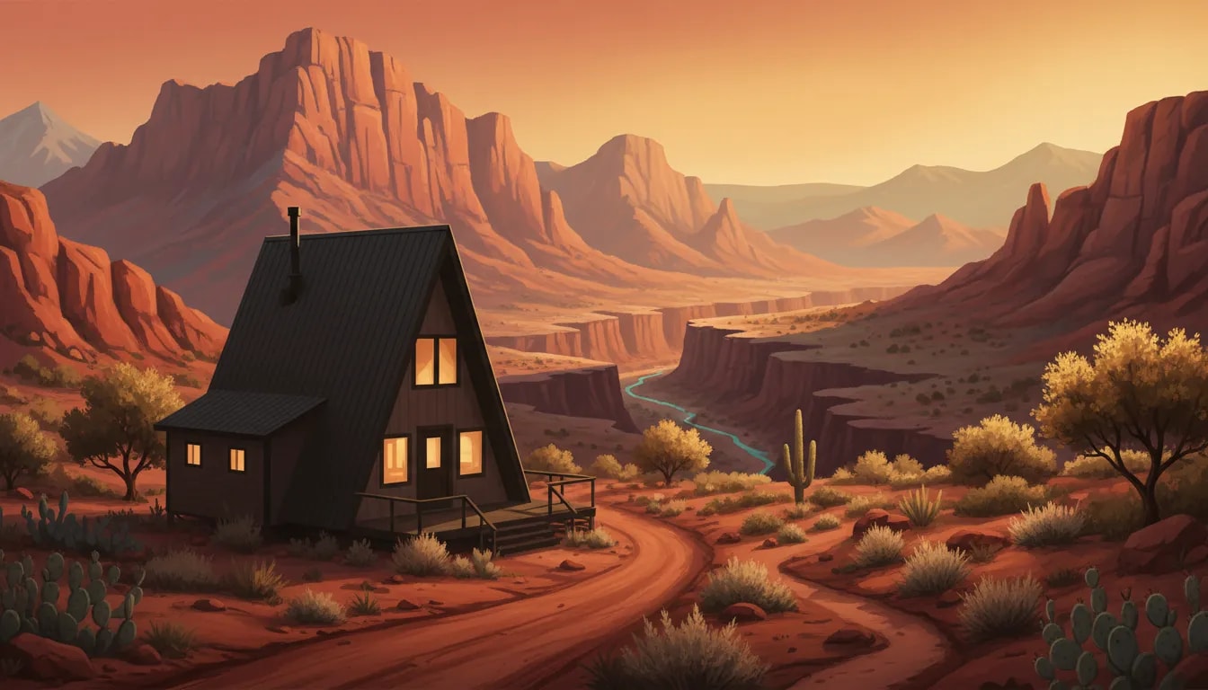 Golden hour view of St. George, Utah red rock desert with a winding road, hiking trail, and a vacation cabin silhouette in the foreground, shown without any text.